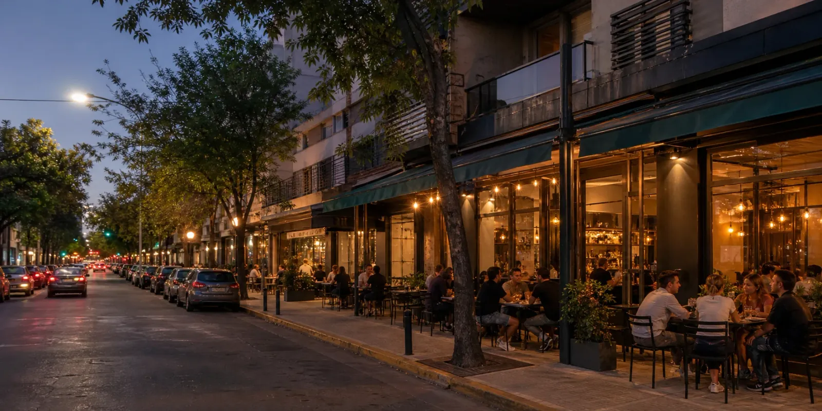 Restaurantes y cafés sobre la Avenida de Mayo en Ramos Mejía al anochecer